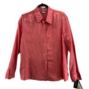 Nycard Collection Womens Button Front Shirt Pink Cuff Sleeve Point Collar 14 New
